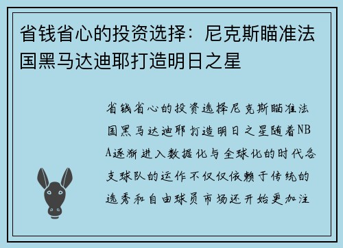省钱省心的投资选择：尼克斯瞄准法国黑马达迪耶打造明日之星
