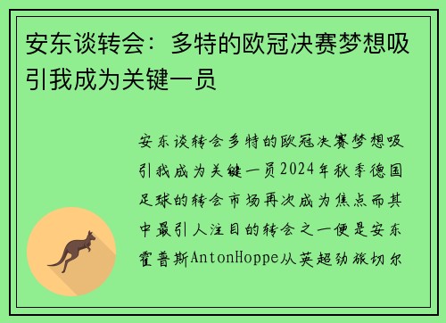 安东谈转会:多特的欧冠决赛梦想吸引我成为关键一员