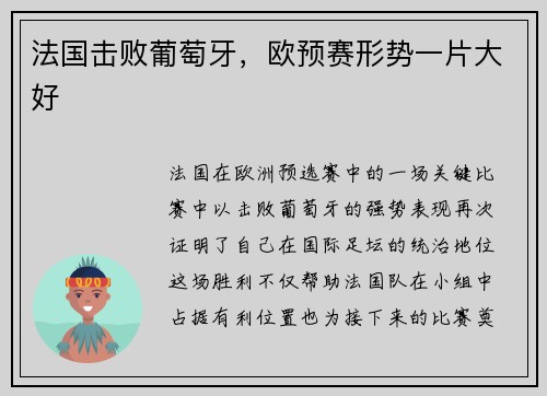 法国击败葡萄牙，欧预赛形势一片大好