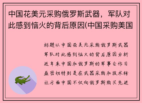 中国花美元采购俄罗斯武器，军队对此感到恼火的背后原因(中国采购美国2000亿)