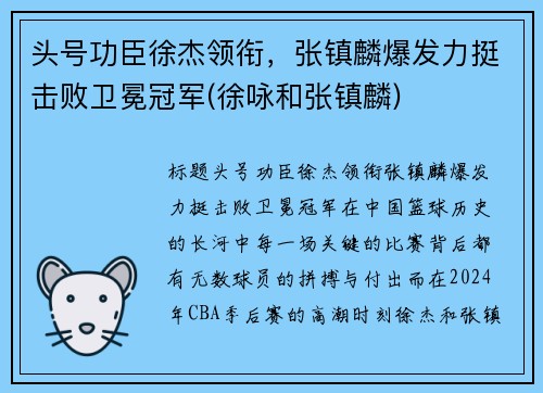 头号功臣徐杰领衔，张镇麟爆发力挺击败卫冕冠军(徐咏和张镇麟)